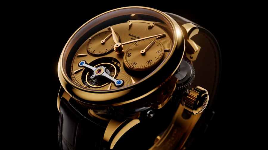 Aurore timepiece with a champagne guilloché dial under a sapphire dome, shown in macro