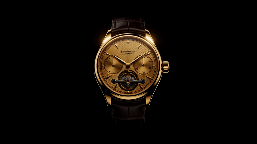 Noir Oro timepiece with a matte black dial and warm 18k gold case